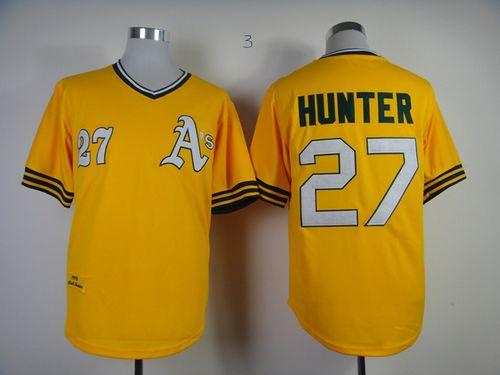 Mitchell And Ness Athletics #27 Catfish Hunter Yellow Throwback Stitched MLB Jersey - Click Image to Close